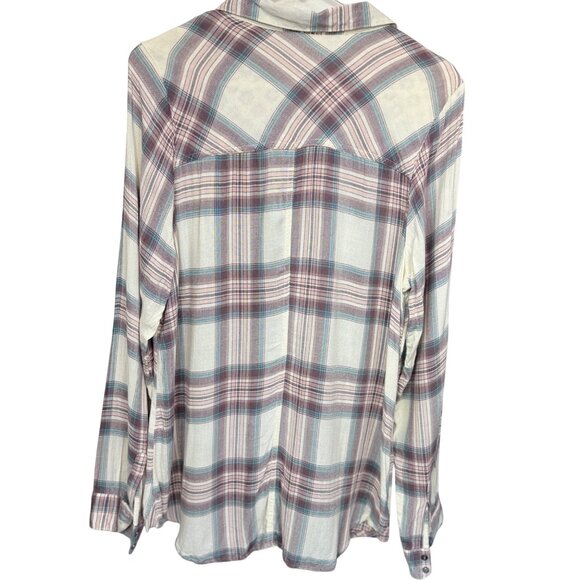 Maurices Plaid Button Long Sleeve Shirt w/ Lace Detail 100% Rayon Womens Size 0 - Picture 2 of 7